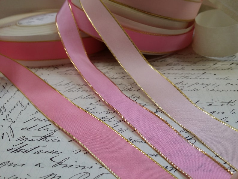 5/8 Vintage French Wired Taffeta Ribbon Pink with metallic Gold edging Ribbon works ribbon flowers bows bridal image 4