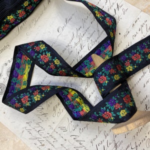 1.125&quot; Black Vintage French Jacquard woven ribbon trim with embroidered florals DIY, costume, reenactment, home decor, pillow bow #901