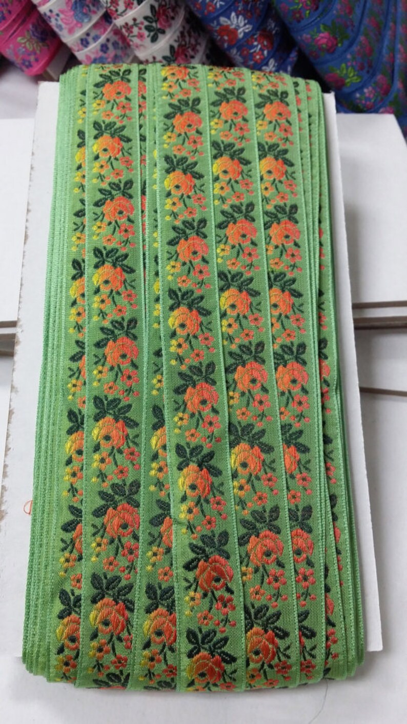 3/4 Vintage French Vibrant light green woven ribbon trim with embroidered orange sunset ombre florals 500-27 image 8