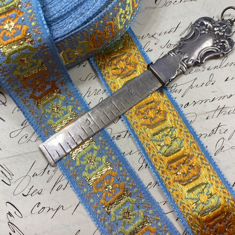 1 Vintage Jacquard woven ribbon trim with embroidered geometric shapes from France 216 image 3