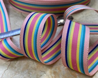 7/8" Vintage Straight Edge Stripe Grosgrain Ribbon Trim in Sweet Pink blues yellow green Millinery, Bows strap, leash, sash, belt,
