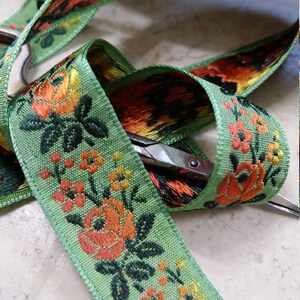 3/4 Vintage French Vibrant light green woven ribbon trim with embroidered orange sunset ombre florals 500-27 image 5