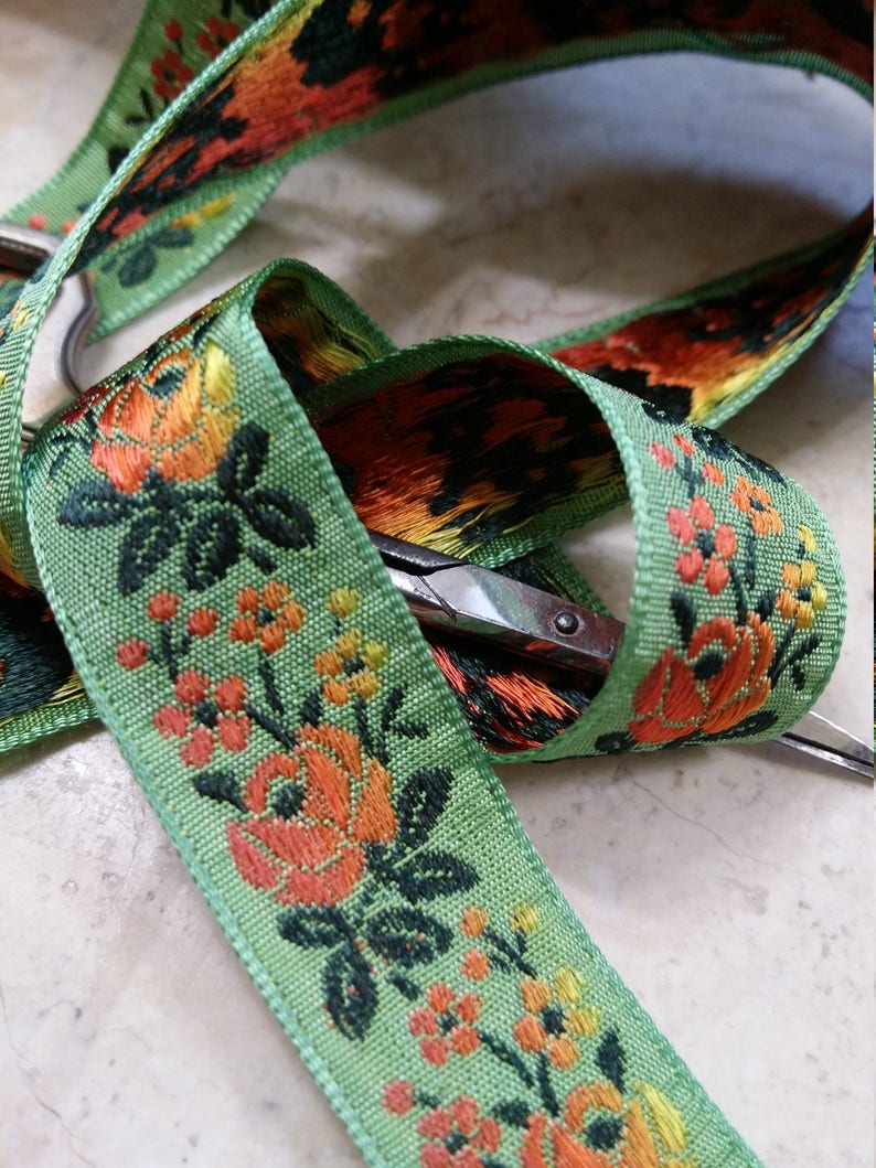 3/4 Vintage French Vibrant light green woven ribbon trim with embroidered orange sunset ombre florals 500-27 image 5