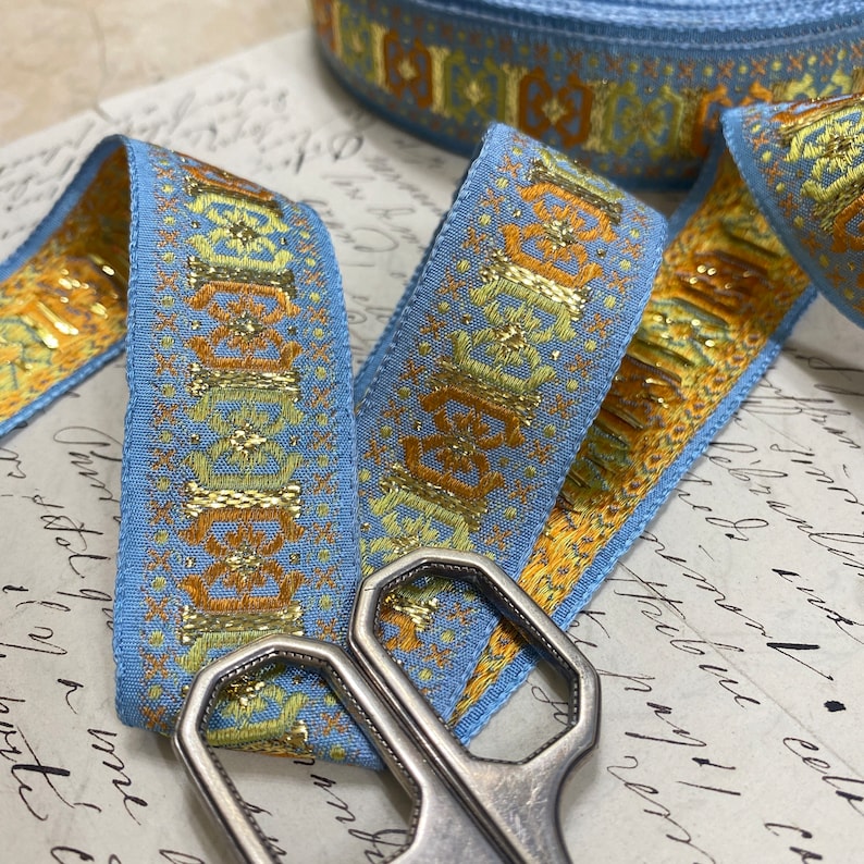 1 Vintage Jacquard woven ribbon trim with embroidered geometric shapes from France 216 image 5