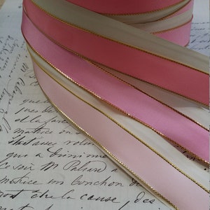5/8 Vintage French Wired Taffeta Ribbon Pink with metallic Gold edging Ribbon works ribbon flowers bows bridal image 3