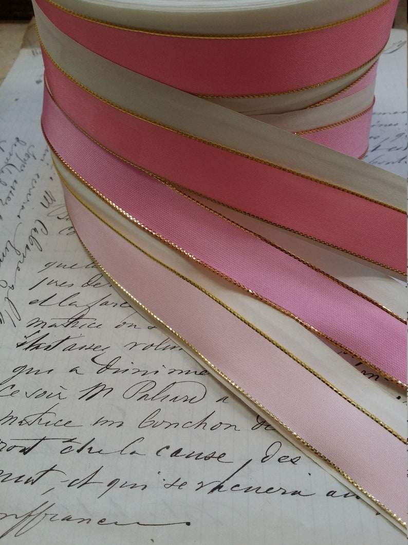 5/8 Vintage French Wired Taffeta Ribbon Pink with metallic Gold edging Ribbon works ribbon flowers bows bridal image 3