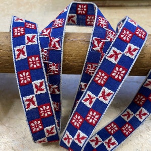 3/4&quot; Vintage Cotton Jacquard trim ribbon Red White Blue checker flower folk USA craft DIY 4&#39;th of July sewing, strap bow belt quilt