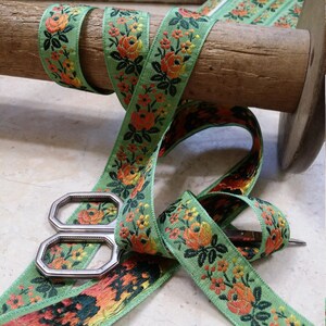 3/4 Vintage French Vibrant light green woven ribbon trim with embroidered orange sunset ombre florals 500-27 image 3