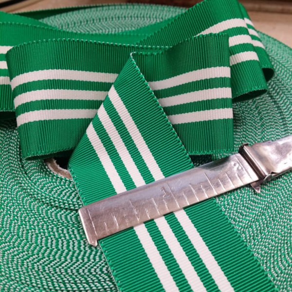 1.5" Straight Edge woven Vintage Stripe grosgrain  woven Ribbon Trim in beautiful Vibrant Green and white (off white)