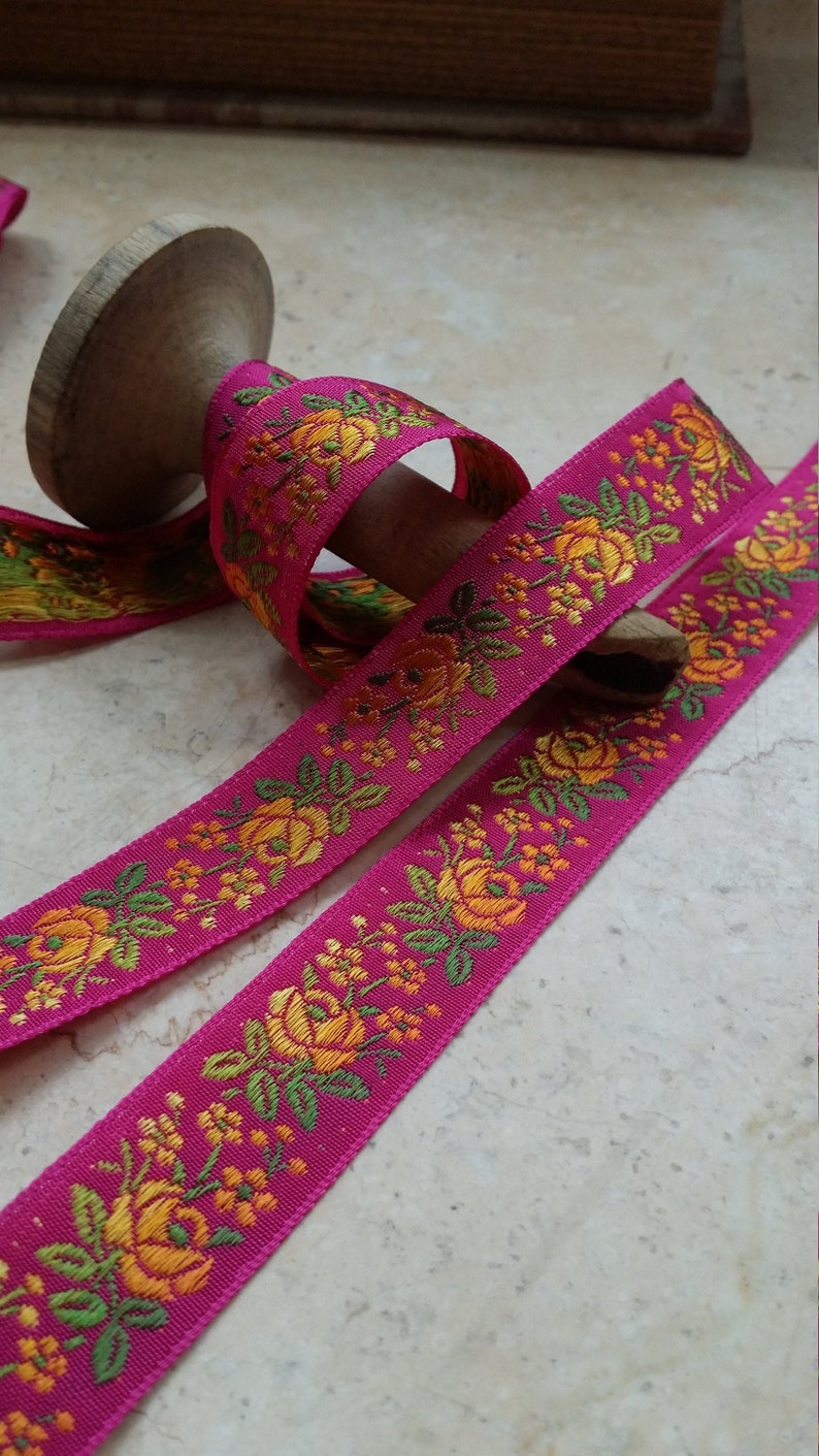 3/4 Vintage French Jacquard Trim Ribbon woven with embroidered sunset ombre florals 500 Fuchsia bows strap embellish crafting image 1