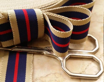 7/8&quot; + Vintage Straight edge woven Millinery Ribbon Trim Stripes Classic Beige, Navy, Red