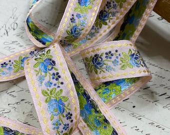 1" Vintage Breath of Pink Woven Jacquard ribbon trim with sunset Blue ombre embroidered florals, single diamond border 344 DIY, sew