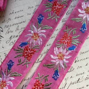 1.375 Vintage French Jacquard embroidered woven ribbon trim edelweiss embroidered florals and leaves wedding bows Austria folkloric Swiss image 2