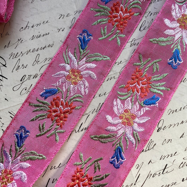 1.375 Vintage French Jacquard embroidered woven ribbon trim edelweiss embroidered florals and leaves wedding bows Austria folkloric Swiss image 2