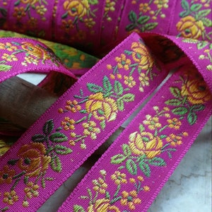 3/4 Vintage French Jacquard Trim Ribbon woven with embroidered sunset ombre florals 500 Fuchsia bows strap embellish crafting image 4