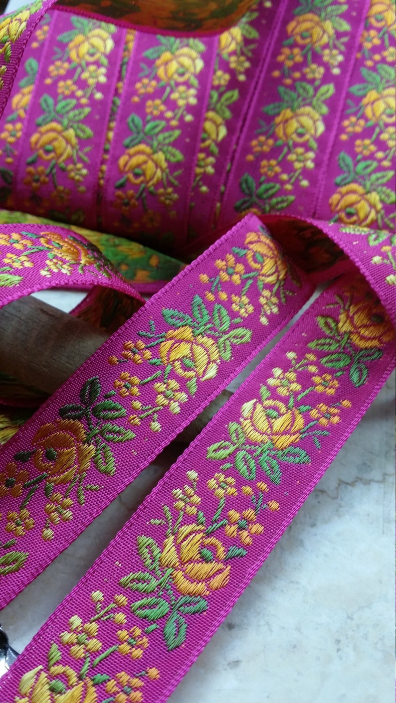 3/4 Vintage French Jacquard Trim Ribbon woven with embroidered sunset ombre florals 500 Fuchsia bows strap embellish crafting image 4