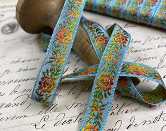 1/2" Vintage French Jacquard woven ribbon trim Aqua embroidered ombre florals wedding  doll sash embellish craft  #499