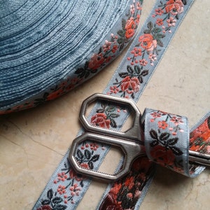 3/4 Vintage FrenchPale Muted Light Blue woven ribbon trim with embroidered orange sherbet sunset ombre florals dk green leaves 500 image 5