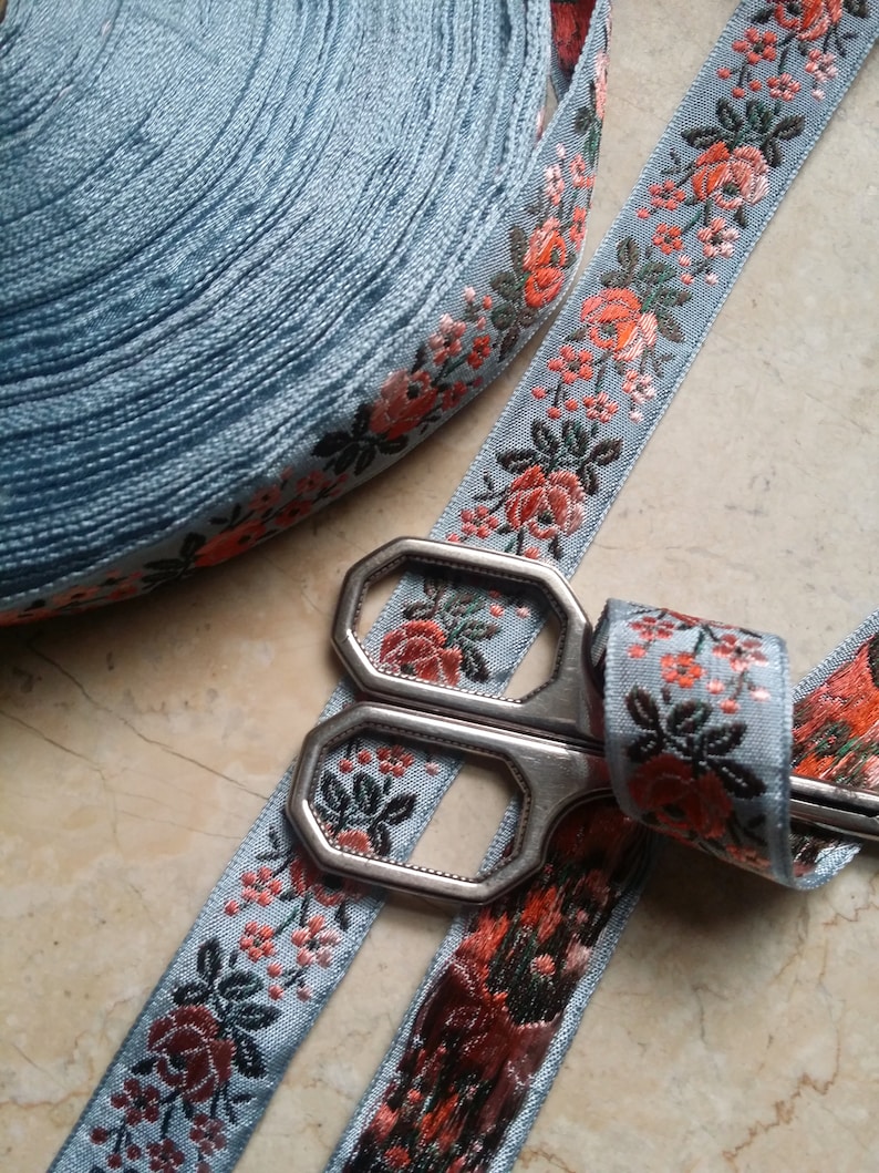 3/4 Vintage FrenchPale Muted Light Blue woven ribbon trim with embroidered orange sherbet sunset ombre florals dk green leaves 500 image 5