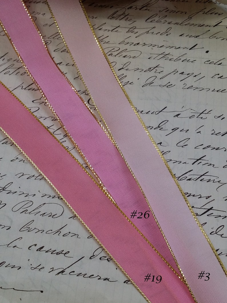 5/8 Vintage French Wired Taffeta Ribbon Pink with metallic Gold edging Ribbon works ribbon flowers bows bridal image 7