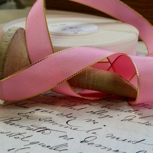 5/8 Vintage French Wired Taffeta Ribbon Pink with metallic Gold edging Ribbon works ribbon flowers bows bridal image 1