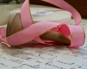 5/8" Vintage French Wired Taffeta Ribbon Pink with metallic Gold edging Ribbon works ribbon flowers bows bridal