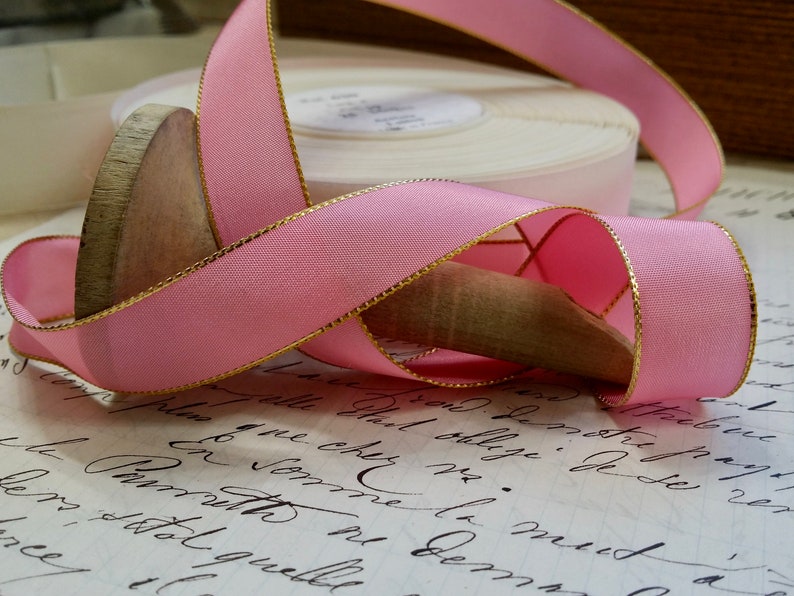 5/8 Vintage French Wired Taffeta Ribbon Pink with metallic Gold edging Ribbon works ribbon flowers bows bridal image 1