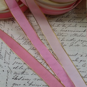 5/8 Vintage French Wired Taffeta Ribbon Pink with metallic Gold edging Ribbon works ribbon flowers bows bridal image 6