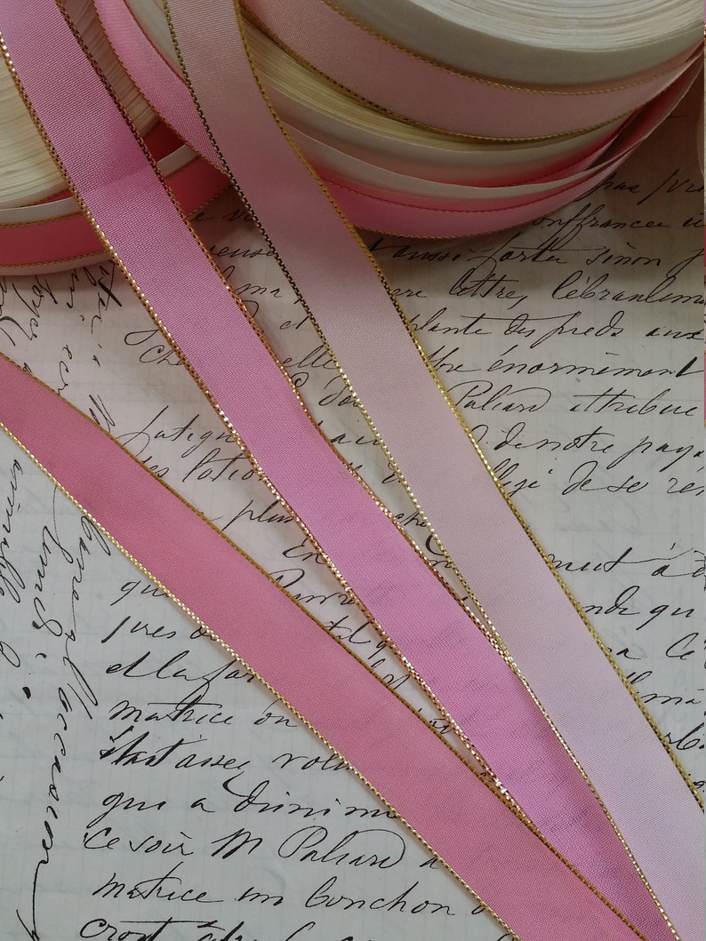 5/8 Vintage French Wired Taffeta Ribbon Pink with metallic Gold edging Ribbon works ribbon flowers bows bridal image 6