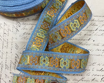 1" Vintage Jacquard woven ribbon trim with embroidered geometric shapes from France #216