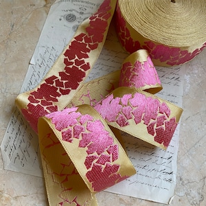 2" Wide Vintage Brocade Jacquard Ribbon Trim golden woven satin embroidered PRETTY PINK geometric pattern, millinery, bridal wedding