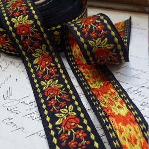 1&quot; Vintage Black Jacquard Ribbon Trim woven with Burnt Saffron Orange embroidered florals, single diamond border 344-15