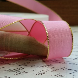 5/8 Vintage French Wired Taffeta Ribbon Pink with metallic Gold edging Ribbon works ribbon flowers bows bridal image 2