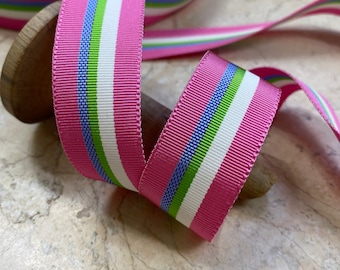 7/8" Vintage Straight Edge Stripe Grosgrain Ribbon Trim in Sweet Pink, Green, Blue White Millinery, Bows strap, leash, sash, belt,