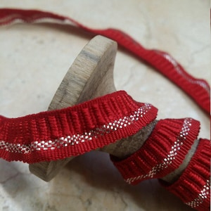 3/8&quot; Vintage Ribbon Trim mini ruffle Red with metallic Silver, doll, clothing, christmas, ribbon flowers, ribbonworks,