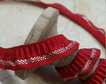 3/8" Vintage Ribbon Trim mini ruffle Red with metallic Silver, doll, clothing, christmas, ribbon flowers, ribbonworks,