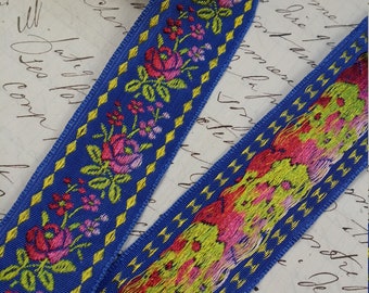 1" Vintage Blue Woven Jacquard ribbon trim with sunset Pink ombre embroidered florals, green leaves and single diamond border 344-18