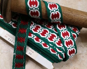 Bordure vintage en coton français de 1,125 po. Vert rouge blanc Noeuds de Noël embellissement de sangle artisanat couture