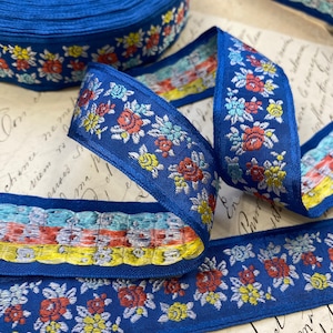 1.125&quot; Blue Vintage French Jacquard woven ribbon trim with embroidered florals DIY, costume, reenactment, home decor, pillow bow #901