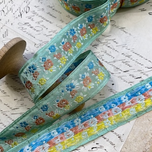 1.125&quot; Mint Green Vintage French Jacquard woven ribbon trim with embroidered florals DIY, costume, reenactment, home decor, pillow bow #901