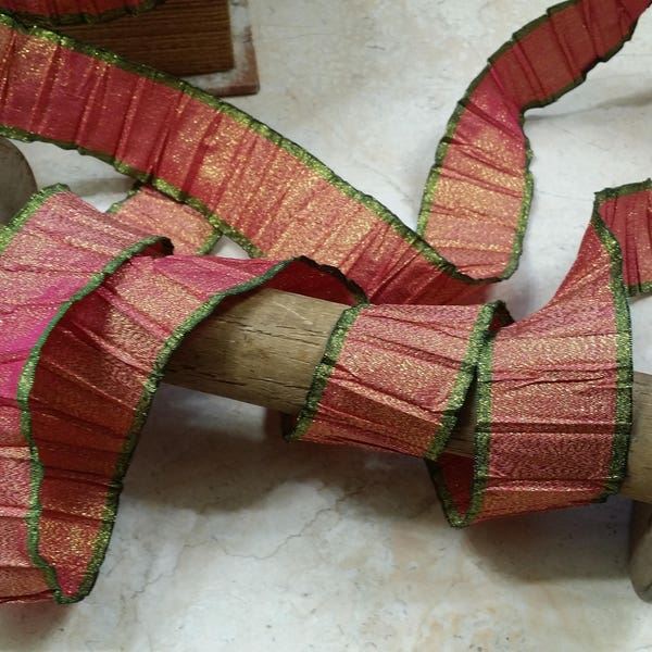 1.5" Vintage French Ombre Wired Ribbon Trim Pleated Green edge Berry Pink Red Gold SPARKLE Ribbon Flowers, Bows, wreath,Christmas