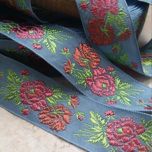 1&quot; Vintage French Jacquard Ribbon trim  woven with embroidered florals roses wedding, bridal, sash, bows, embellish crafting, strap, #392
