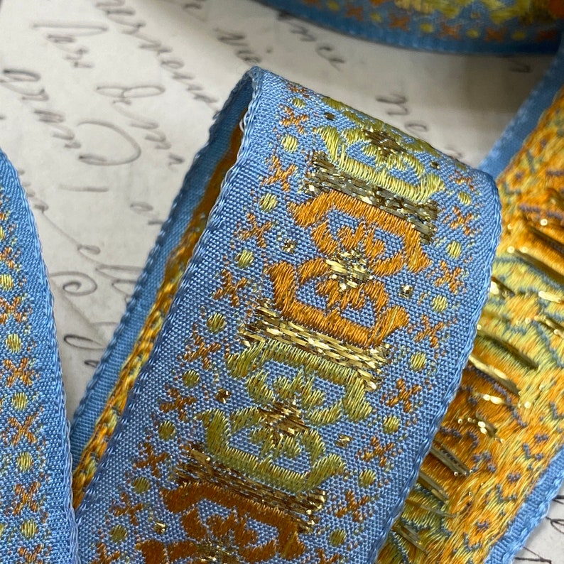 1 Vintage Jacquard woven ribbon trim with embroidered geometric shapes from France 216 image 4