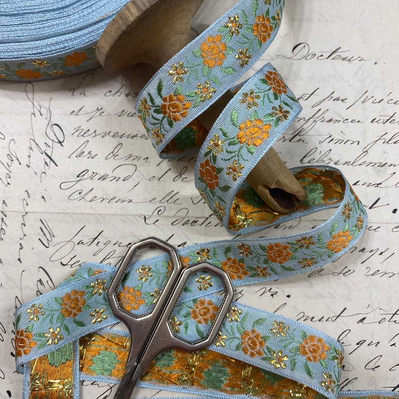3/4 Darling LIGHT BLUE Vintage woven trim with embroidered florals in orange and green and fine metallic gold embroidered floral 973 image 4