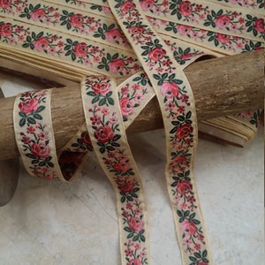 3/4" Vintage Muted Butter yellow French Jacquard Ribbon Trim with embroidered berry sherbet sunset ombre florals and green leaves #500