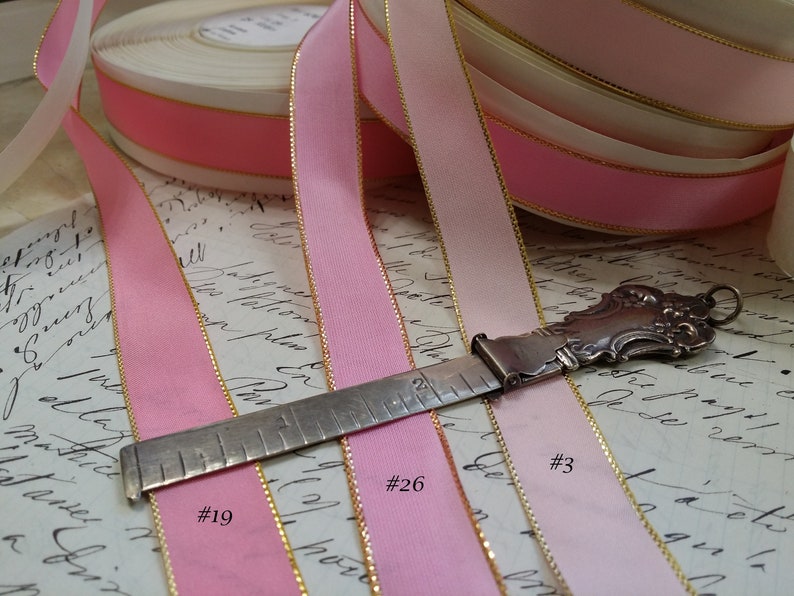 5/8 Vintage French Wired Taffeta Ribbon Pink with metallic Gold edging Ribbon works ribbon flowers bows bridal image 5