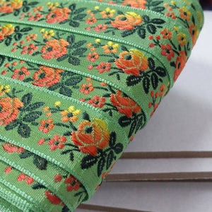 3/4 Vintage French Vibrant light green woven ribbon trim with embroidered orange sunset ombre florals 500-27 image 6