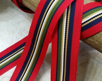 7/8" Straight Edge Vintage Stripe woven Millinery Ribbon Trim Red Navy Blue Green  hair bows, strap, leash, dog collar, key fob, etc..