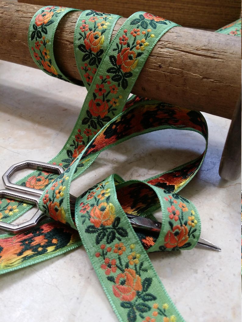 3/4 Vintage French Vibrant light green woven ribbon trim with embroidered orange sunset ombre florals 500-27 image 1