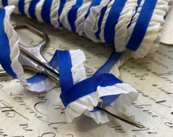 5/8" Vintage Ribbon Trim mini ruffle Blue satin with white ruffle Christmas reenactment costume embellish crafting sewing